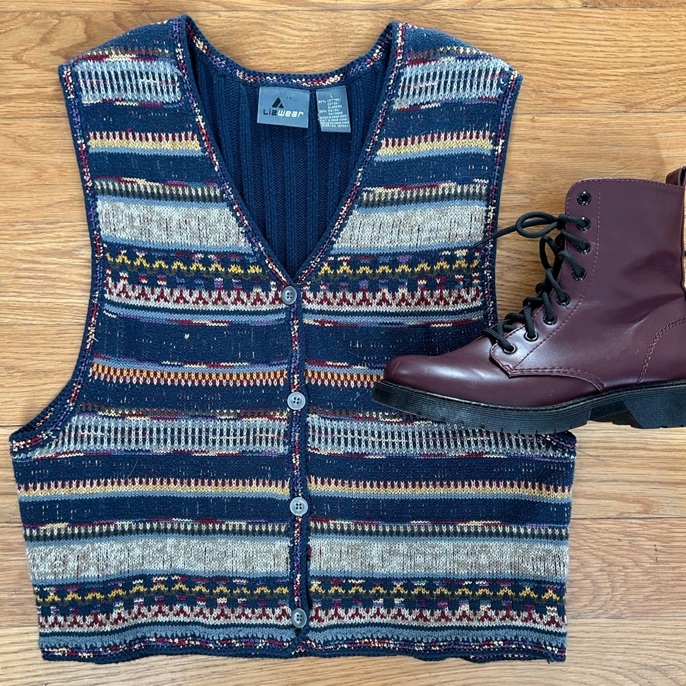 LIZ CLAIBORNE Lizsport Blue Knit Striped Print Sweater Vest Cotton Rayon Blend